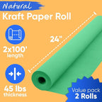 24" x 1200" (100 ft) Green Kraft Paper Roll (Value Pack of 2), 45 lbs Thickness, Made in USA Colored Kraft Paper for School, Bulletin Board - Odorless, Non-Toxic, Safe for Kids