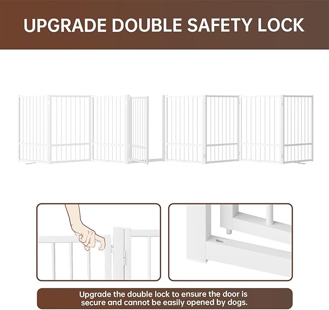 8 Panels Full Metal Freestanding Dog Gates with Door, 160” W x 32” H Folding Pet Gate Fence with Support Feet for Indoor,Stairs, Hallways and Doorways(White)