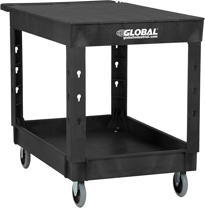 Global Industrial Industrial Service & Utility Cart, Plastic 2 Flat Black Shelf, 44” x 25-1/2”, 5" Rubber Casters
