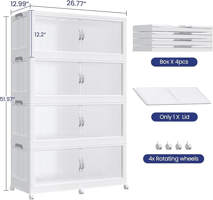 120GAL Plastic Storage Bins with Lid, 480QT Extra Large Stackable Closet Organizers and Storage, Collapsible Storage Boxes with Wheels, Folding Cabinet for Home Kitchen Office, 4Pack White