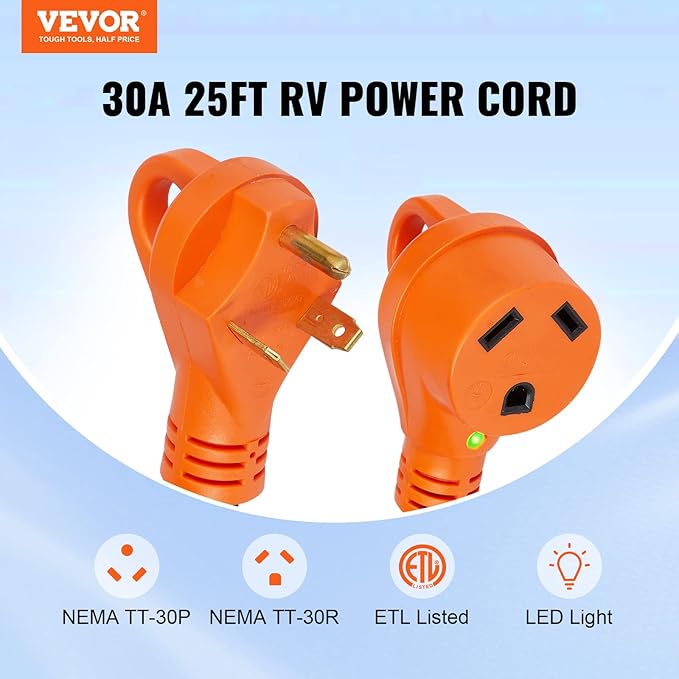 VEVOR 30 Amp RV Extension Cord, 25 ft, Heavy Duty STW 10/3 AWG RV Power Cord, NEMA TT-30R Female NEMA TT-30P Male Plug, for RVs, Generators, Campers, ETL Listed
