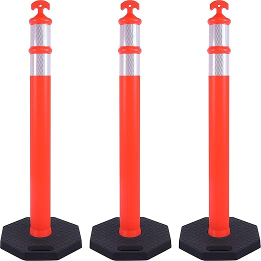 Traffic Delineator Post Cones with Heavy-Duty Octagonal Rubber Base, Channelizer Post Kit for Road Construction Work, Traffic Guidance, Garage Parking, Crowd Control (3, 45")