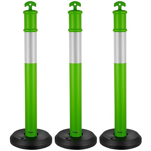VEVOR 3 Pack Traffic Delineator Posts, 48 inches Traffic Safety Cones with Fillable Base and Reflective Strips, Heavy Duty Delineator Posts for Construction Site, Parking Lot, Crowd Control, Green