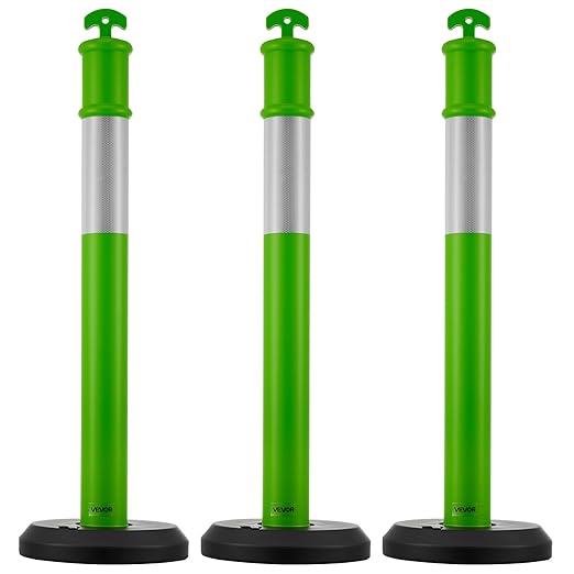 VEVOR 3 Pack Traffic Delineator Posts, 48 inches Traffic Safety Cones with Fillable Base and Reflective Strips, Heavy Duty Delineator Posts for Construction Site, Parking Lot, Crowd Control, Green