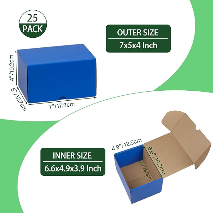 7x5x4 Inches Shipping Boxes Pack of 25, Blue Corrugated Cardboard Box Literature Mailer for Packing Small Business