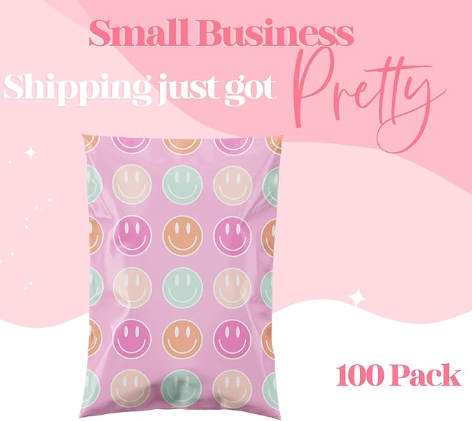 14.5x19 Designer Poly Mailer 100 Pack Heavy Duty Waterproof Self Seal Shipping Bags for Small Business Large Mailing Envelopes Bulk Tear Resistant Cute Packaging Smiley Face