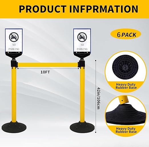 6PACK Crowd Control Stanchions Yellow Set BESEA Heavy Duty Crowd Control Barriers with 10' FEET Black Retractable Belt, Heavy Duty Rubber Base, Easy to Install (6PACK)