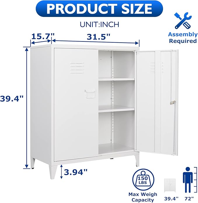 Metal Storage Cabinet with Lock, Locking Cabinets Office Storage Caninet with 2 Doors and Shelves, Lockable Steel Locker Floor Caninets Cupboard, Small Sideboard Buffet Cabnet for Home Office