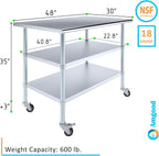 AmGood Stainless Steel Work Table with 2 Shelves and Casters | Metal Utility Table On Wheels (Stainless Steel Work Table with 2 Shelves + Casters, 48" Long x 30" Deep)