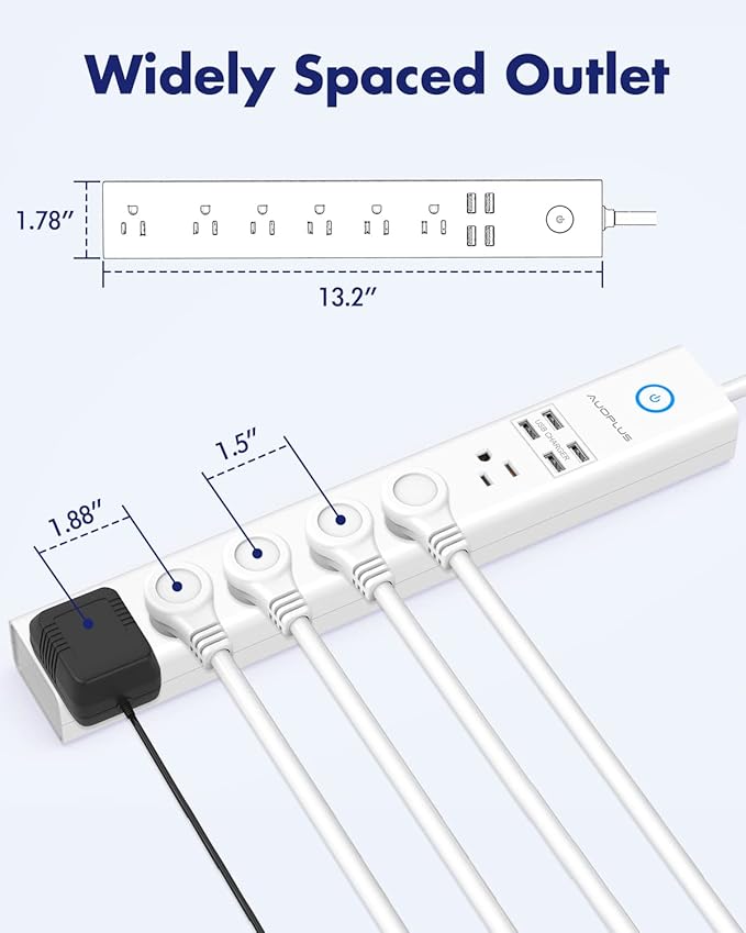 15 Ft Power Strip Surge Protector, 6 Outlets and 4 USB Ports, Flat Plug Power Strips Long Extension Cord with Overload Protection, Wall Mount for Home, Office, Dorm, ETL Listed