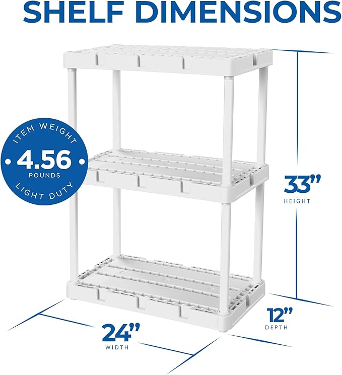 Gracious Living 3 Shelf Knect-A-Shelf Solid Light Duty Storage Unit 12 x 24 x 33 Organizer for Home, Garage, Basement & Laundry, White