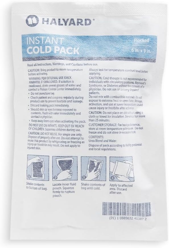 HALYARD Instant Cold Pack Disposable Cold Compress Ice Packs w/Flocking for Swelling Injuries Toothaches Sprains Strains 6 x 9 Inches, 24 Packs Per Case - 51788