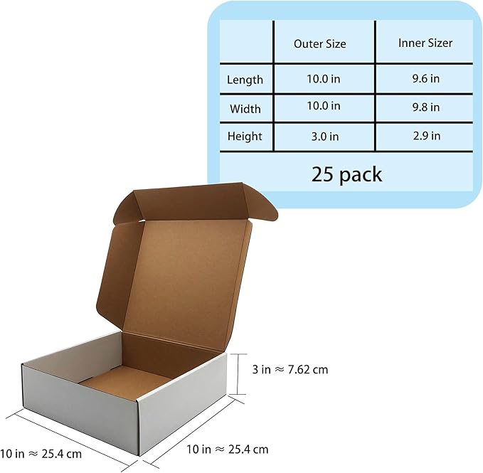 10x10x3 inch Shipping Boxes, White Corrugated Cardboard Box Literature Mailing Shipping Packaging Recyclable Storage Boxes and Craft Gifts Giving Products Business White Box Set of 25 (10''x10''x3'')
