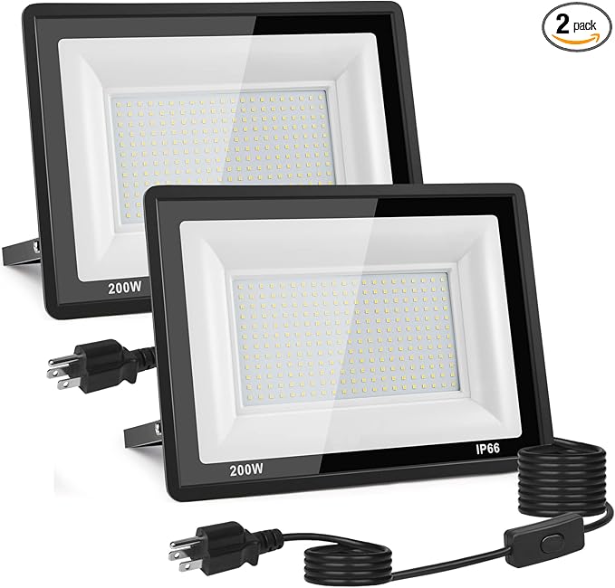 2-Pack 200W LED Flood Light Outdoor, 20000LM Bright Plug-in Flood Lights with Switch, IP66 Waterproof Exterior Security Lights, LED Work Light for Garage, Yard, Garden, Playground, Stadium, Arena