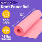 USA Made 12" x 1200" Pink Kraft Paper Roll, 45 lbs Thickness, American Quality Colored Craft Paper Roll for School, Poster Arts, Bulletin Board - Odorless, Non-Toxic, Safe for Kids
