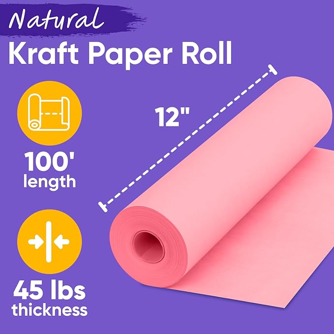 USA Made 12" x 1200" Pink Kraft Paper Roll, 45 lbs Thickness, American Quality Colored Craft Paper Roll for School, Poster Arts, Bulletin Board - Odorless, Non-Toxic, Safe for Kids