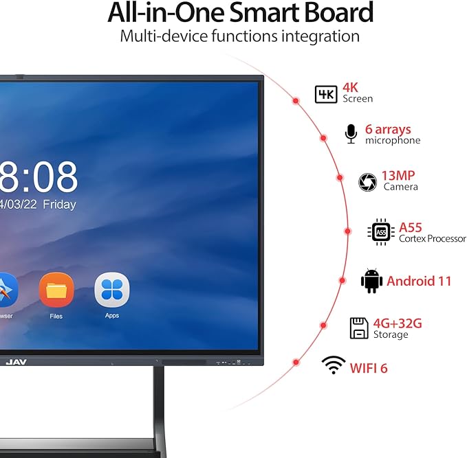 JAV Smart Board, 86'' 4K UHD Interactive Whiteboard, All in One Smartboard for Office, Digital Smart Whiteboard Built in Dual System and 13MP Camera for Classroom (Board Only)