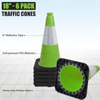 6 Pack 18" Inch Green PVC Traffic Cones with Heavy-Duty Base, High-Visibility All-Weather Safety Cones for Road Construction, Parking Lot, and Garage Use (6, Green, 18" Medium)