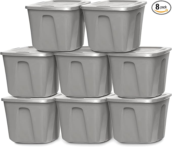 HOMZ 8-Pack Durable Molded Bin, Plastic Storage Containers with Lids, 10 Gallon, Silver - Stackable Organizer Totes and Boxes for Bedroom, Kitchen, and Garage Organization