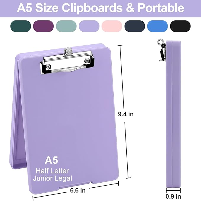 Small Clipboard with Storage, A5 Clipboards with Pen Holder, Half Letter Clip Boards 6x9 Mini Plastic Clipboard with Low Profile Clip for Classroom, School, Office Supplies (Light Purple)