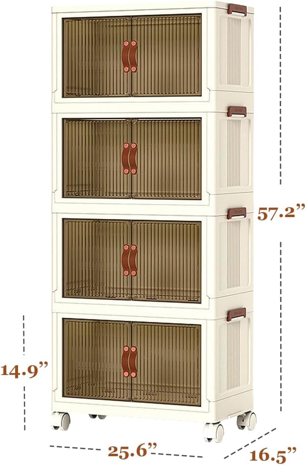 4 Tier Plastic Stackable Storage Bins and Boxes Organizer, Foldable Containers, Stackable Closet Organizers, Collapsible Boxes, White (4 Tier, 25.8″)