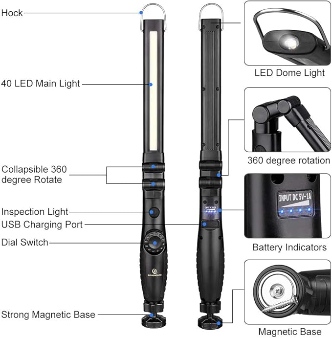 ORHOMELIFE Rechargeable LED Work Light - 750 Lumens Foldable LED Flashlight Handheld Cordless Work light with Magnetic Base, 360°Rotate, Power Indicator for Car Repair, Garage, Household (2 Pack)
