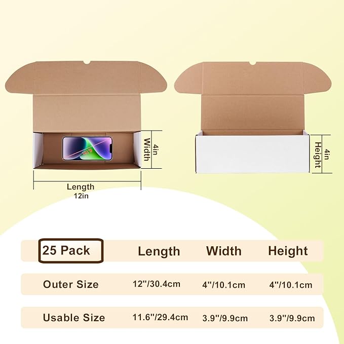 WIFTREY 12x4x4 Small Shipping Boxes set of 25, White Corrugated Cardboard Box 12''L x 4''W x 4'' H for Mailing Packing Shipping