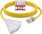 EP 6 Ft Lighted Outdoor Extension Cord with 3 Electrical Power Outlets - 14/3 SJTW Heavy Duty Yellow Extension Cable with 3 Prong Grounded Plug - Power Cord for Lawn, Garden, Appliances