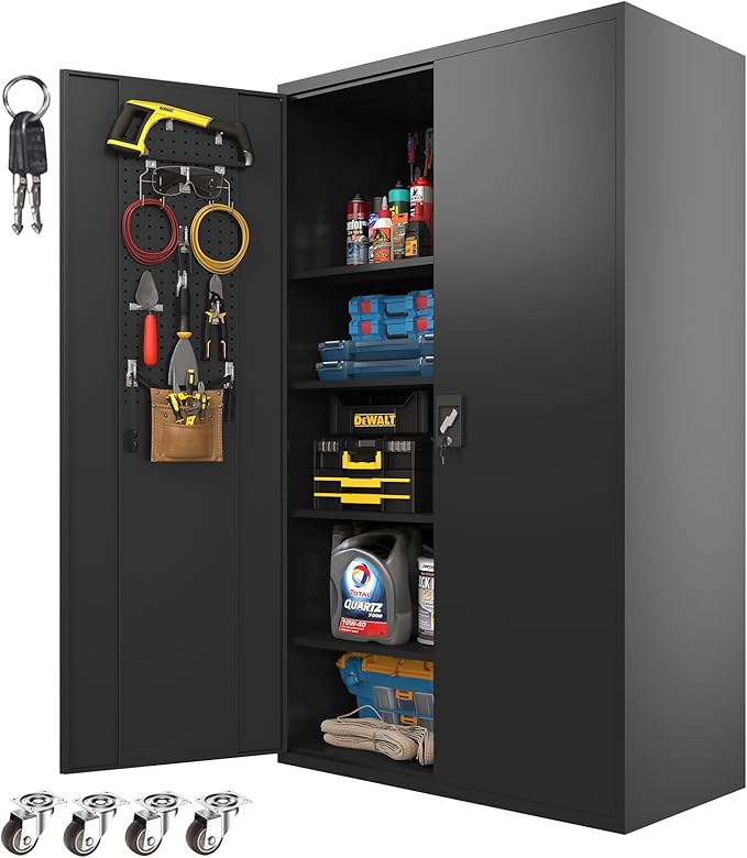 Upgraded Wide Metal Storage Cabinet - 72 Inch Black Lockable Garage Cabinet with Wheels & 4 Adjustable Shelves | Heavy-Duty Steel Cabinet for Garage, Office, Pantry, Gym
