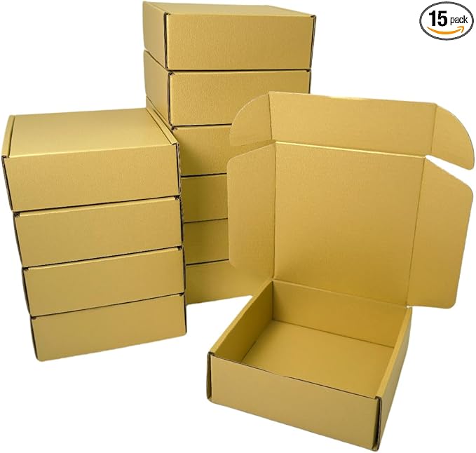 15 Pcs 4.7 x 4.7 x 1.6 Inches Mini Size Corrugated Cardboard Gift Boxes Recyclable Shipping Boxes for Packing Jewelry Ornament Gift Craft Packaging Supplier (Gold, 4.7 x 4.7 x 1.6")