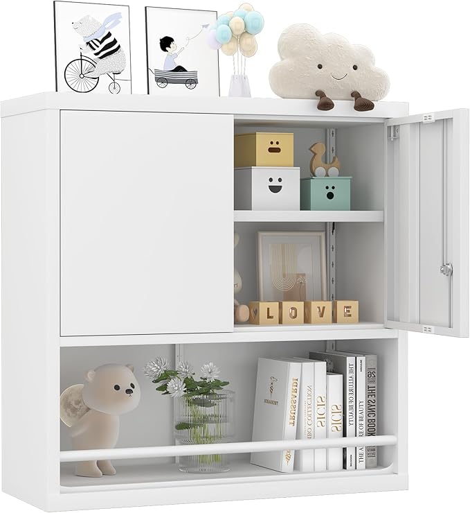 GREATMEET 31" H Metal Cabinets with Doors and Shelves, Lockable Storage Cabinet, Wall Cabinet Storage for Kitchen, Dining Room,White