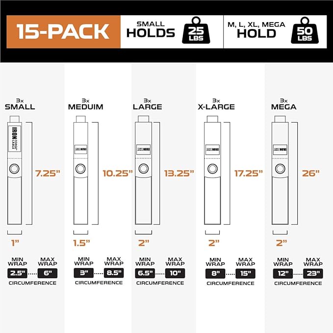 Iron Forge Cable Extension Cord Wrap Organizer, 15 Piece Multi-Pack - 3 Pieces of Small, Medium, Large, XL and XXXL Hook and Loop Wraps Up to 50 lbs