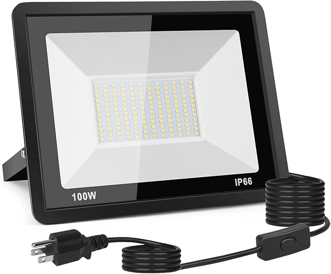 100W LED Flood Light Outdoor, 10000LM Bright Plug-in Flood Lights with Switch, IP66 Waterproof Exterior Security Lights, LED Work Light for Garage, Yard, Garden, Playground, Stadium, Arena