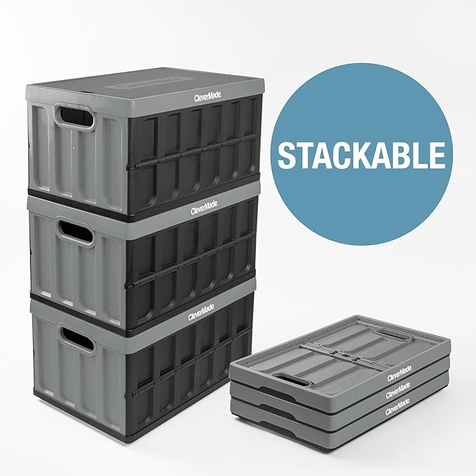 CleverMade Collapsible Storage Bins with Lids - Ocean 3 Pack 62L - Plastic Containers Stackable Organization Crates Home Closet Space-Saving Durable