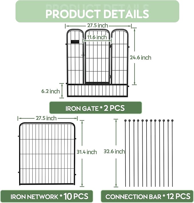 ZXMOTO Decorative Garden Fence 12 Pack for Dogs 32in (H) x 28ft (L) with Lock,Metal Wire Fencing Border Animal Barrier,Flower Bed Border for Landscape Patio Yard Outdoor