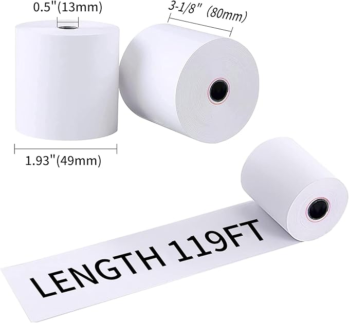 3-1/8" x 119' Thermal Receipt Paper, Pos Receipt Paper, Cash Register Rolls, Receipt Roll for 80mm Thermal POS Printer, 50 Rolls