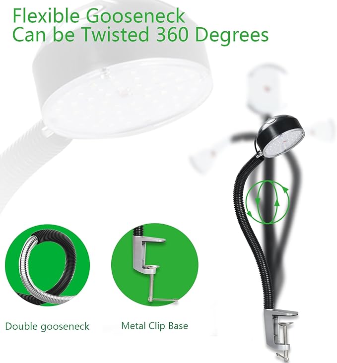 LED Clamp Work Light with Flexible Gooseneck, 20W 2000 Lumens 6500K 110V US Plug, Machine Lathe Light with Metal Clip Base for Work Bench, Sewing Machine, Lathe Workbenches