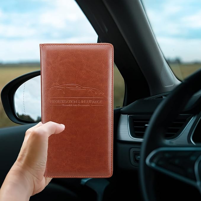 Car Registration and Insurance Holder, Premium Pu Leather Vehicle Glove Box Organizer - for Driver License, Cards & Essential Documents (L-Brown)