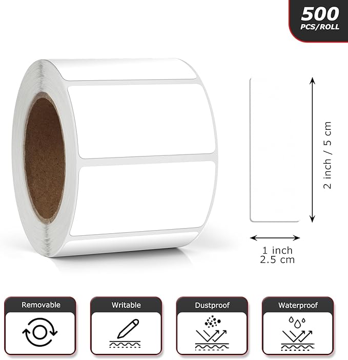 White Rectangle Stickers 2 x 1 Inch Color Coding Labels Vinyl Roll Self-Adhesive Waterproof Removable 500 PCS