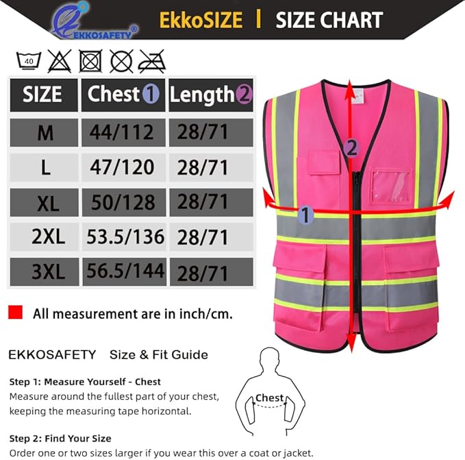 Pink High Visibility Safety Vest for Men Women with 5 Pockets and Zipper Hi Vis Construction Work Vest with Reflective Strips,Meets ANSI/ISEA Standards(EK175-Pink-XL)
