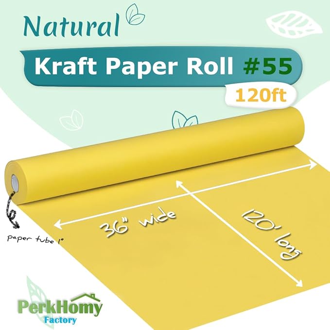 PerkHomy 36" x 1,440" (120') Lemon Yellow Kraft Paper Roll for Craft Bulletin Board Paper Art Table Covering Crafting Gift Wrapping Bouquet Packing Parcel 80GSM 55LB (Lemon Yellow, 36" x 120')