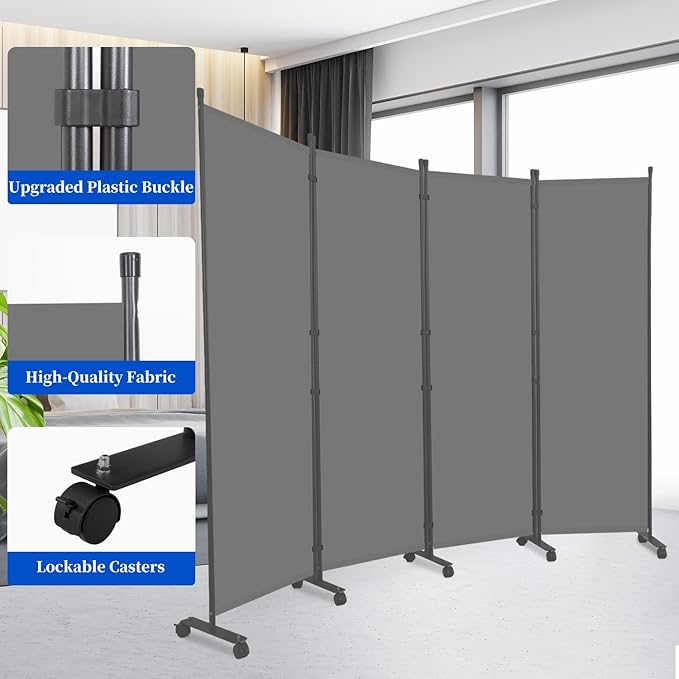 Room Divider 6FT Room Partition with Lockable Wheels, (Thicked Metal Base) Room Dividers, Freestanding Indoor Folding Privacy Screens, Portable Fabric Wall Divider for (Grey, 88"- 4 Panel)
