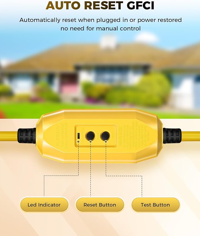 3 FT Auto GFCI Extension Cord Outdoor with 3 Prong Plugs, 12/3 SJTW Heavy Duty Power Cable with Multiple Outlets, 3 Outlets with Indicator Light, UL Listed, Yellow