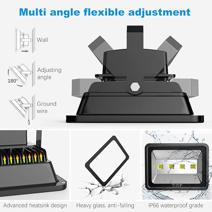 200W LED Flood Lights 6000K Daylight White Lighting Fixtures Super Bright 20000lm Outdoor Security Lights IP66 Waterproof 110-285V Commercial Industrial Lighting Fixtures