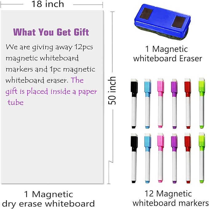 Magnetic Dry Erase Whiteboard Paper for Wall 50" x 18" Self Adhesive White Board Sticker with 12 Magnet Marker and Magnetic Eraser for Office Home Whiteboard Wallpaper Peel and Stick