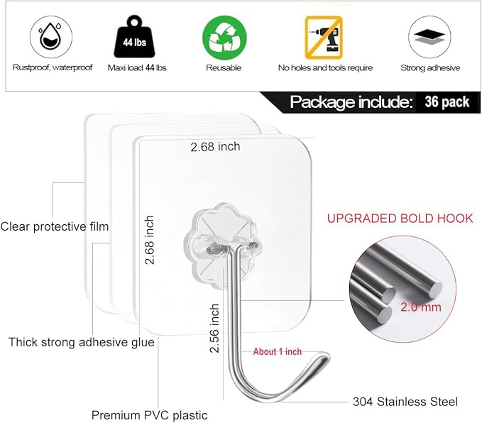 ZESLMG Heavy Duty Sticky Wall Hooks for Hanging, 36 Pack Self Adhesive Hooks 44lb Clear, Removable Large Shower Hook No Damage for Towel Key Coat Picture Wreath Outdoor Bathroom Kitchen, Waterproof