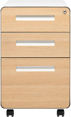 Laura Davidson Furniture Stockpile 3 Drawer File Cabinet with Lock - Under Office Desk Metal Filing Cabinet, Legal/Letter File Folders, Wheels and Stationary Feet, Pre-Assembled, White/Wood