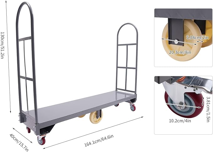Gray Heavy Duty U-Boat Platform Truck Cart - 2000LBS Capacity 15.7x64.6in Steel Flatbed with 6 Casters, Foot Brake & Removable Handles for Warehouse/Storage Room