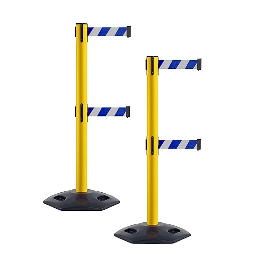 Crowd Control Warehouse CCW Set of 2 Retractable Dual Belt Stanchion Safety Barrier, Heavy-Duty Rubber Base Yellow Post, WBB-200D (9 Foot Belt, Blue and White Diagonal Belt)