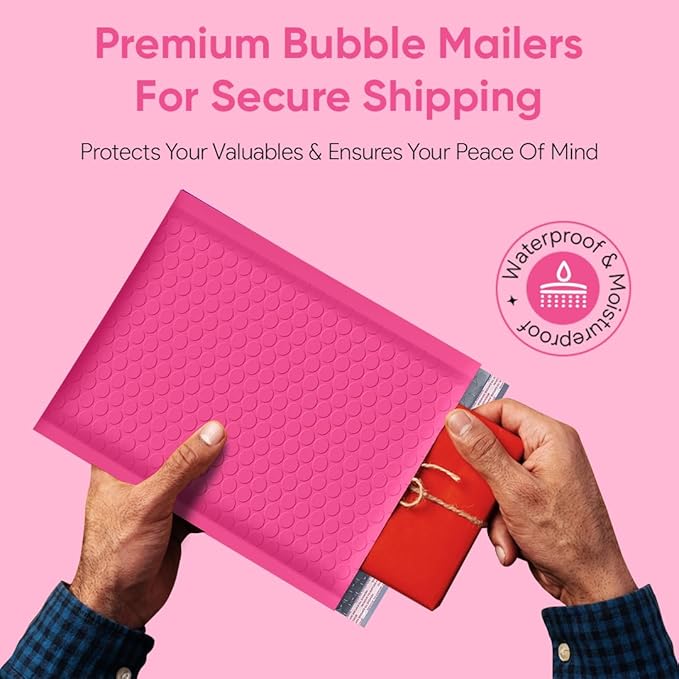 Hot Pink 10.5x16 Inch Poly Bubble Mailers #5 | Self Seal Large Padded Envelopes | Air Cushioned Bubble Mailer | Usable Size 10.5x15 Inch | Waterproof Lightweight Mailing Shipping Bags | 100 Pack Bulk